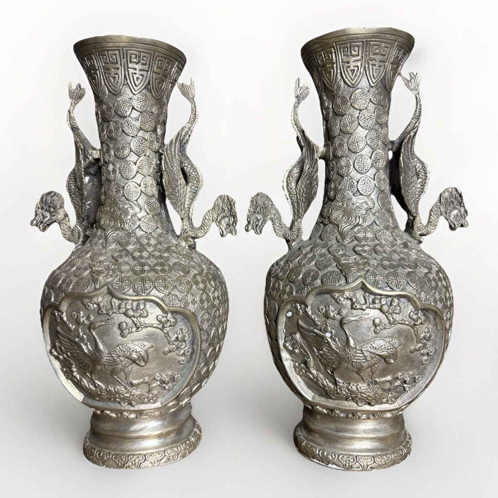Pair Chinese Silver-Plated Copper Dragon Vases, Phoenix Relief, Late Qing 19thC