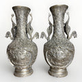 Pair Chinese Silver-Plated Copper Dragon Vases, Phoenix Relief, Late Qing 19thC