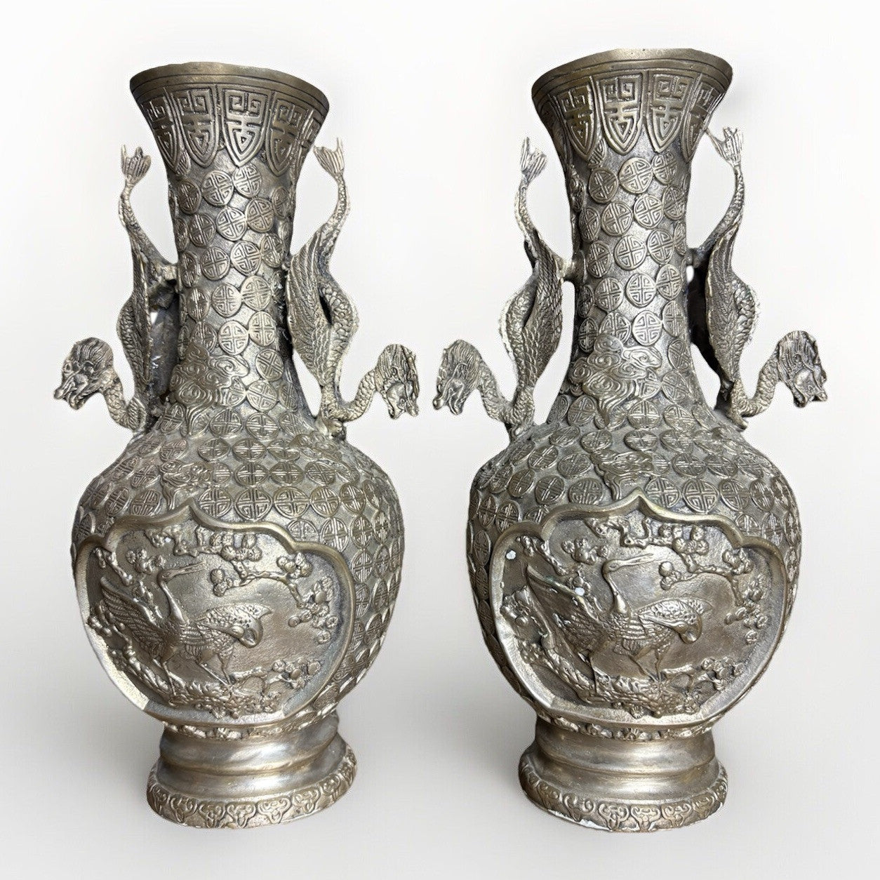 Pair Chinese Silver-Plated Copper Dragon Vases, Phoenix Relief, Late Qing 19thC