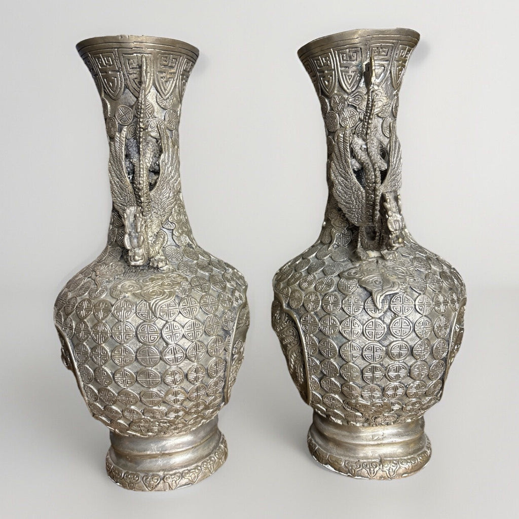 Pair Chinese Silver-Plated Copper Dragon Vases, Phoenix Relief, Late Qing 19thC