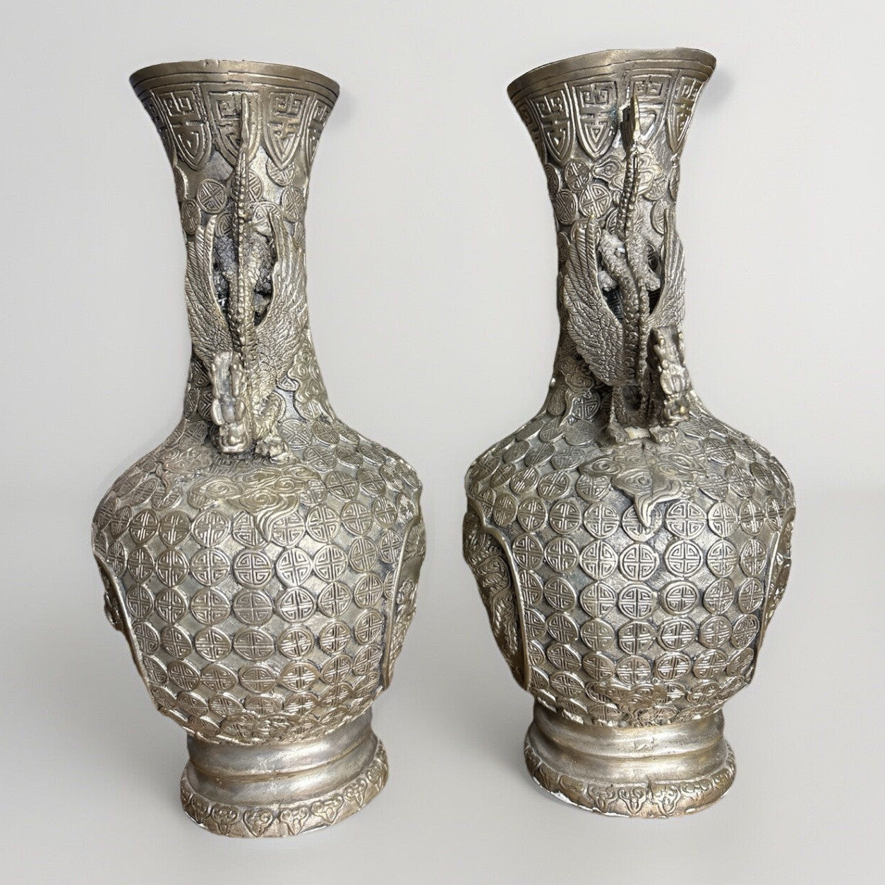 Pair Chinese Silver-Plated Copper Dragon Vases, Phoenix Relief, Late Qing 19thC