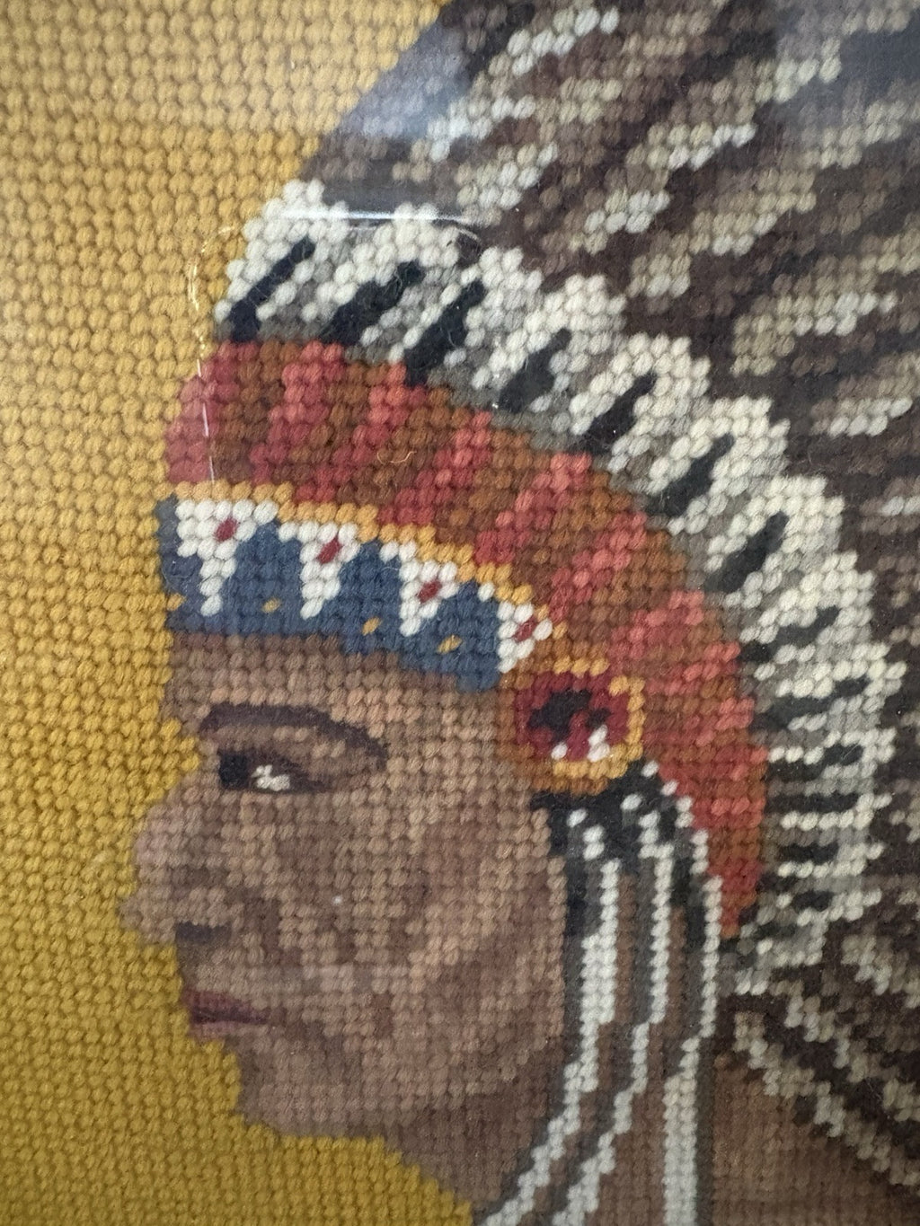Needlepoint Handcrafted American Indian with Headdressframed Art  15”x 18”