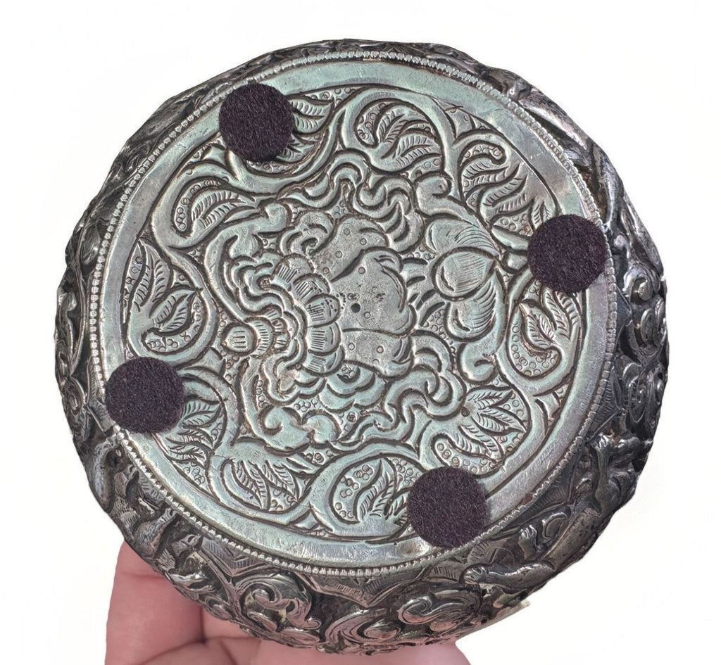 Antique Sterling Silver Repousse Glass Bowl 4.5” D