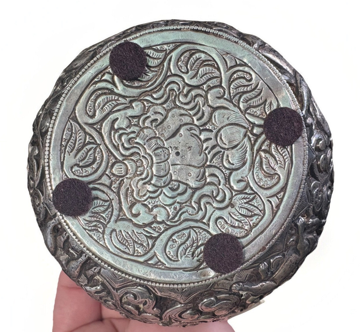Antique Sterling Silver Repousse Glass Bowl 4.5” D
