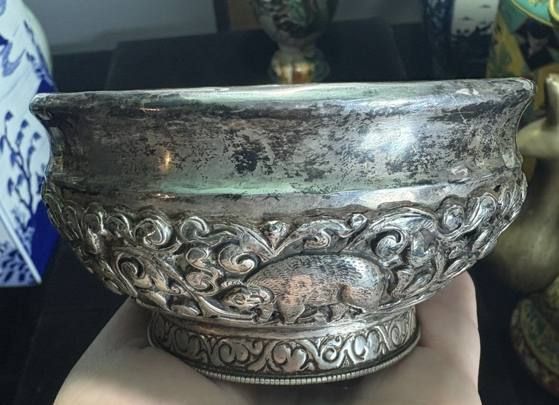 Antique Sterling Silver Repousse Glass Bowl 4.5” D