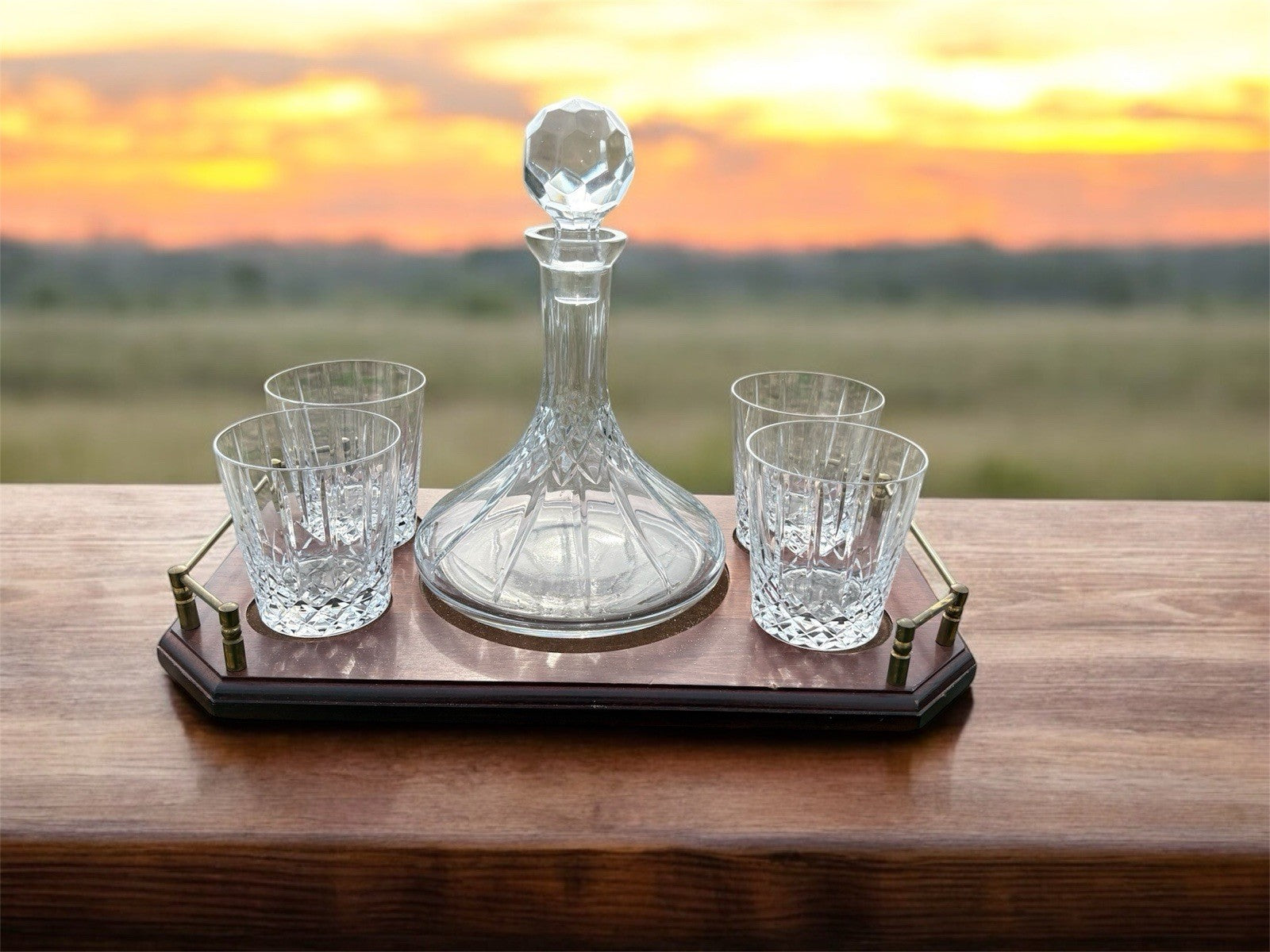 Wedgwood Decanter Set 4 Glasses Wood Tray Vintage