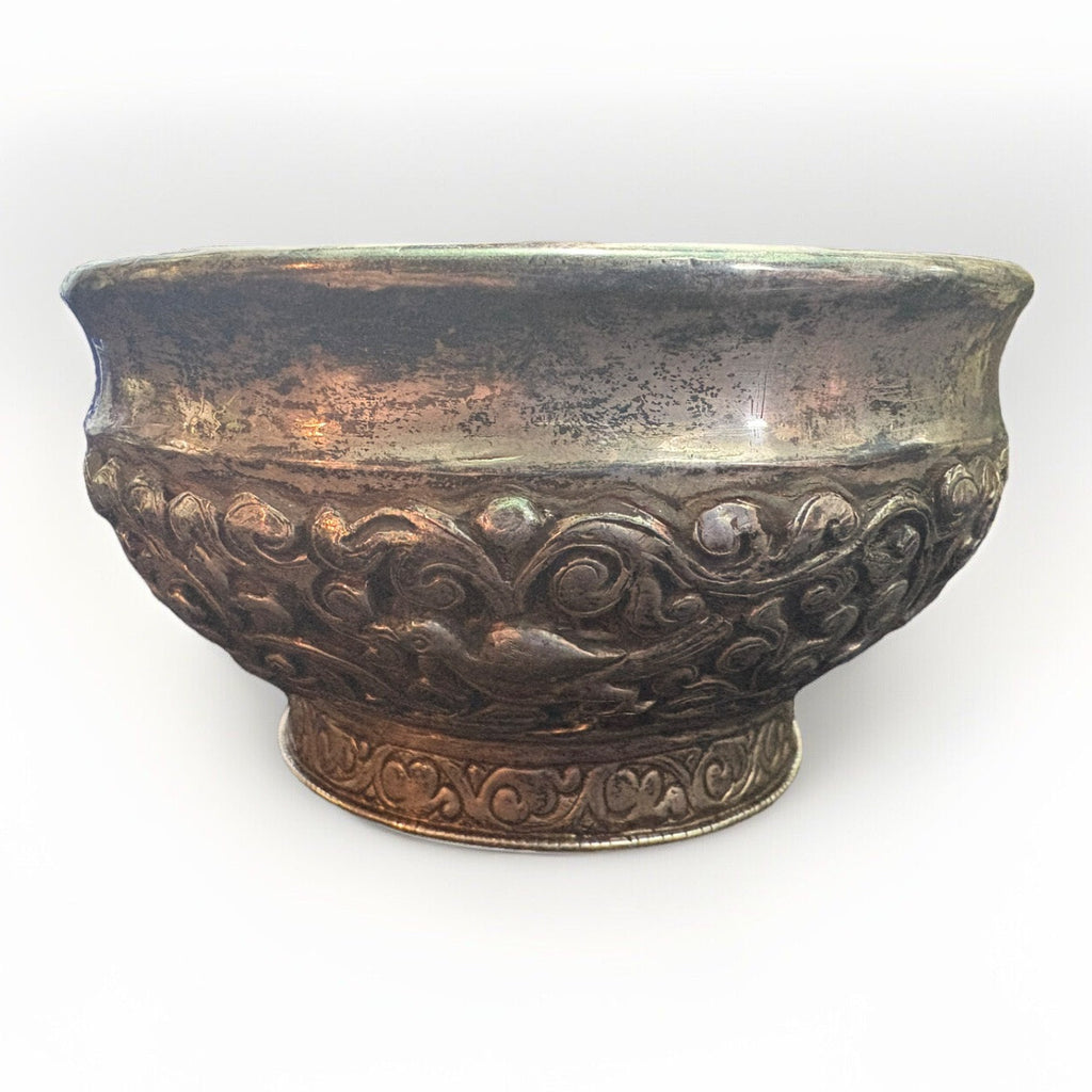 Antique Sterling Silver Repousse Glass Bowl 4.5” D