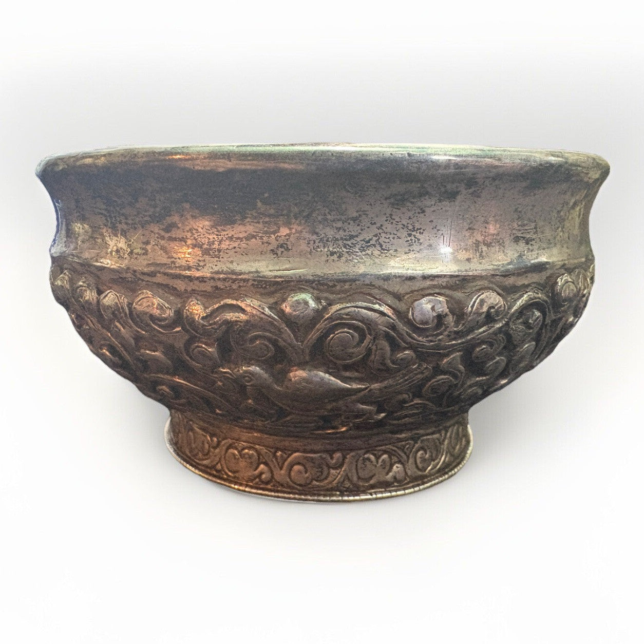 Antique Sterling Silver Repousse Glass Bowl 4.5” D