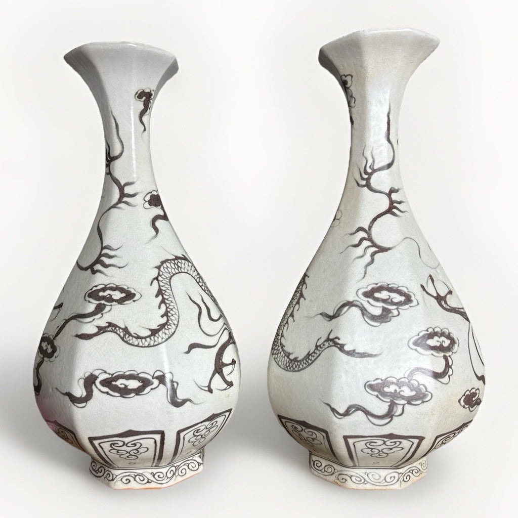 Pair 16” Chinese Brown Dragon Vases Yuan Style Crackle Glaze Republic Period