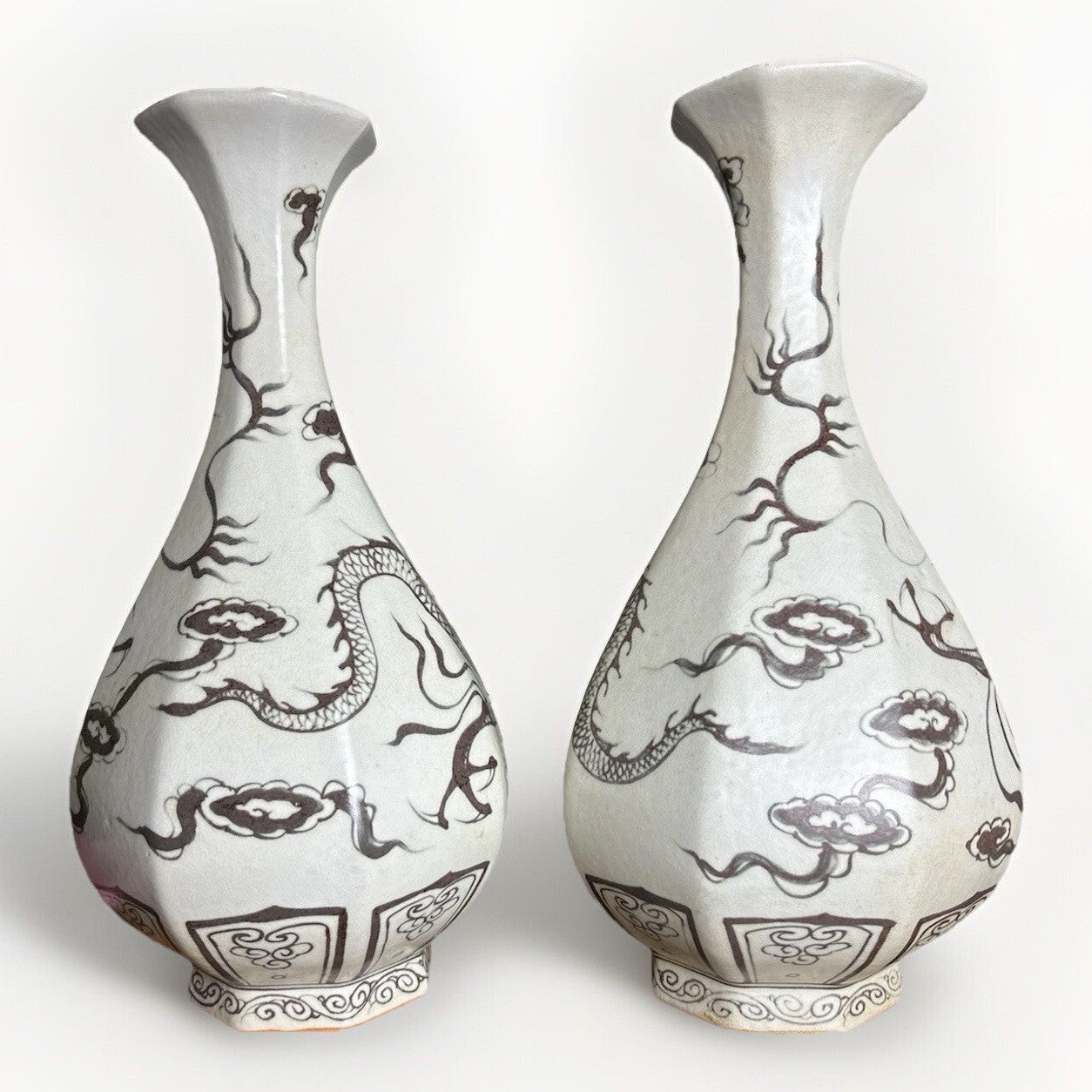 Pair 16” Chinese Brown Dragon Vases Yuan Style Crackle Glaze Republic Period