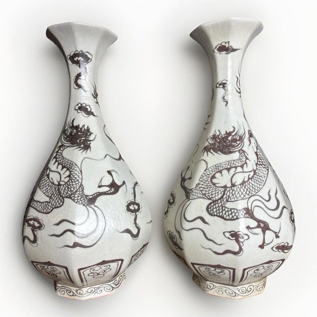 Pair 16” Chinese Brown Dragon Vases Yuan Style Crackle Glaze Republic Period