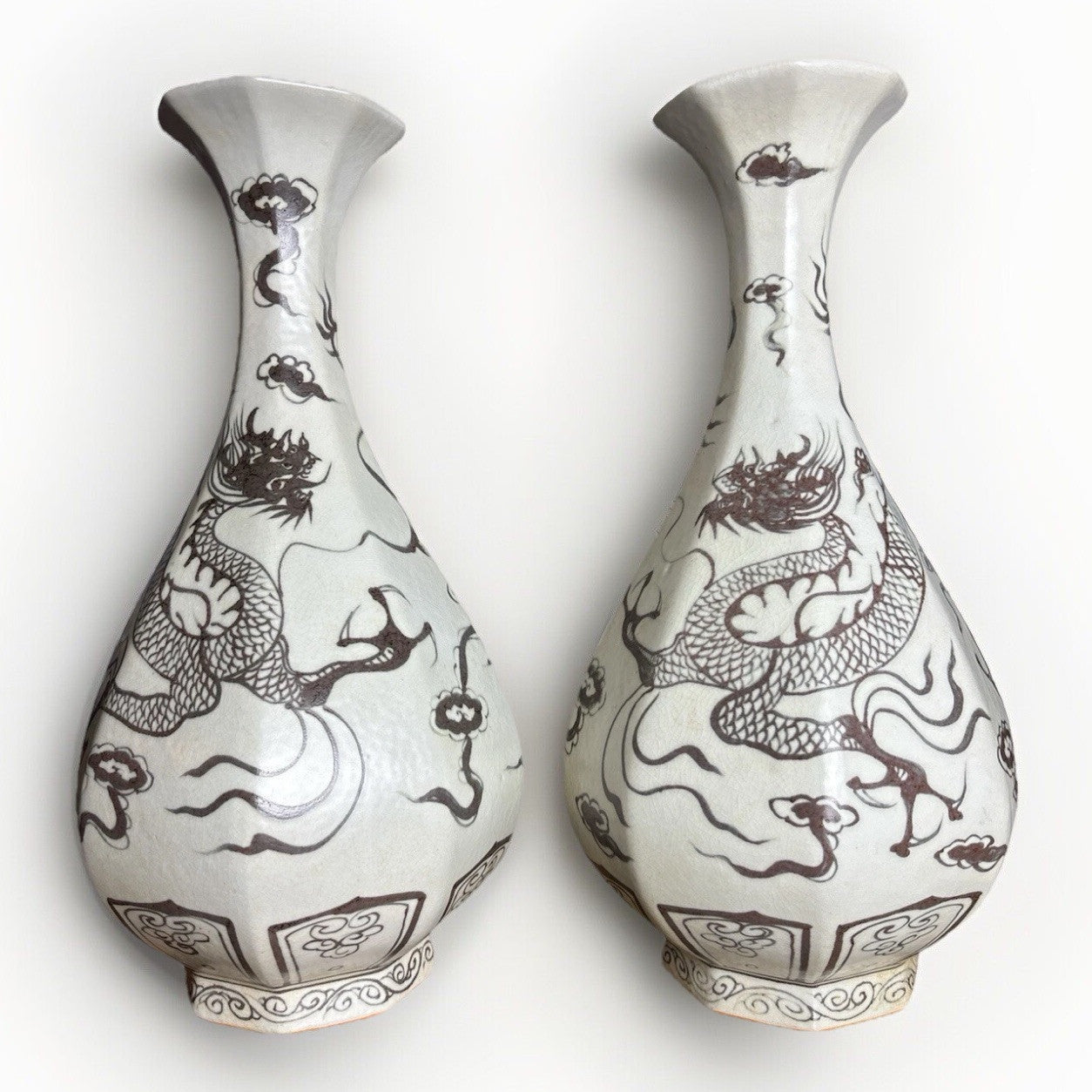 Pair 16” Chinese Brown Dragon Vases Yuan Style Crackle Glaze Republic Period