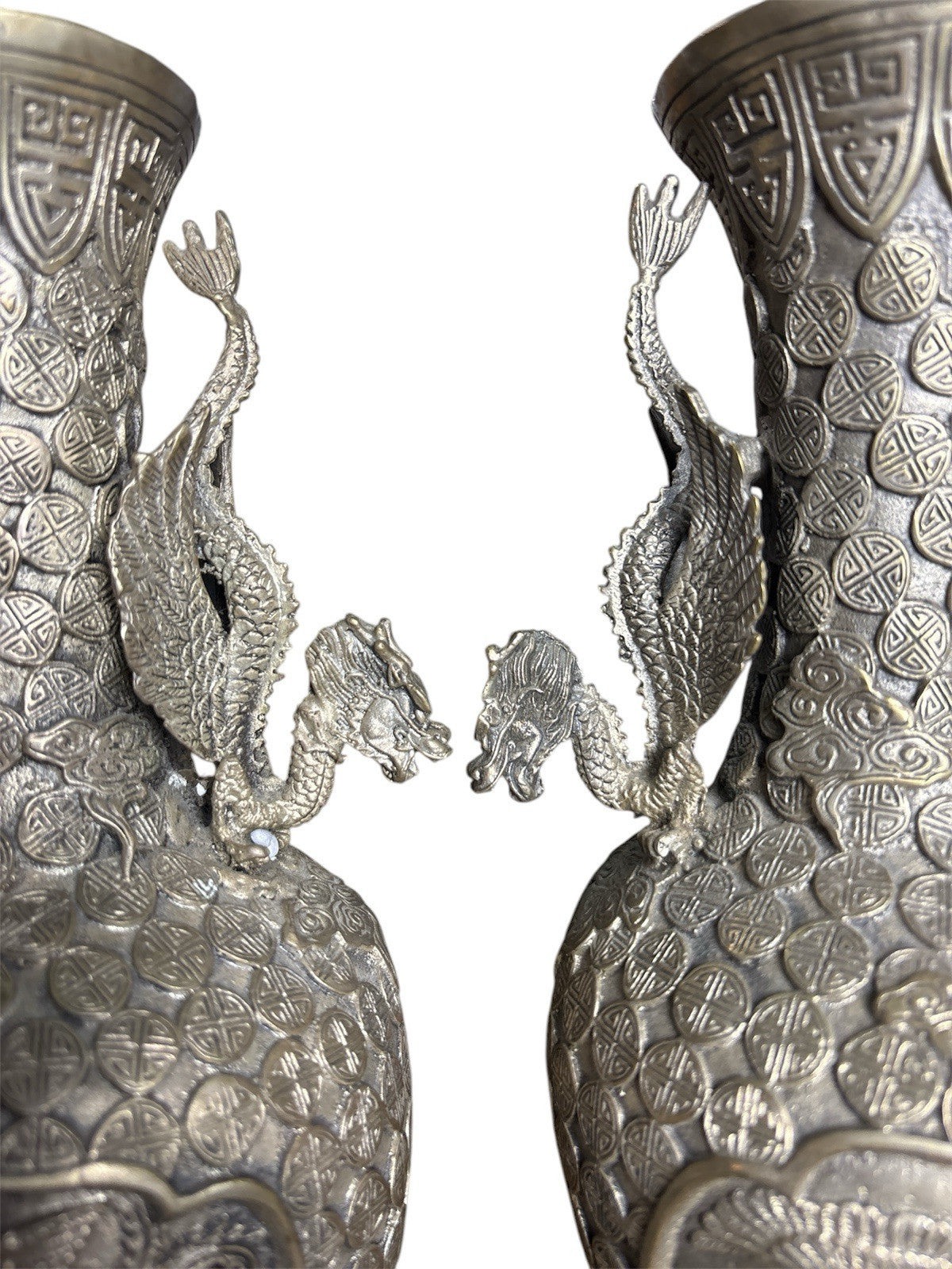 Pair Chinese Silver-Plated Copper Dragon Vases, Phoenix Relief, Late Qing 19thC