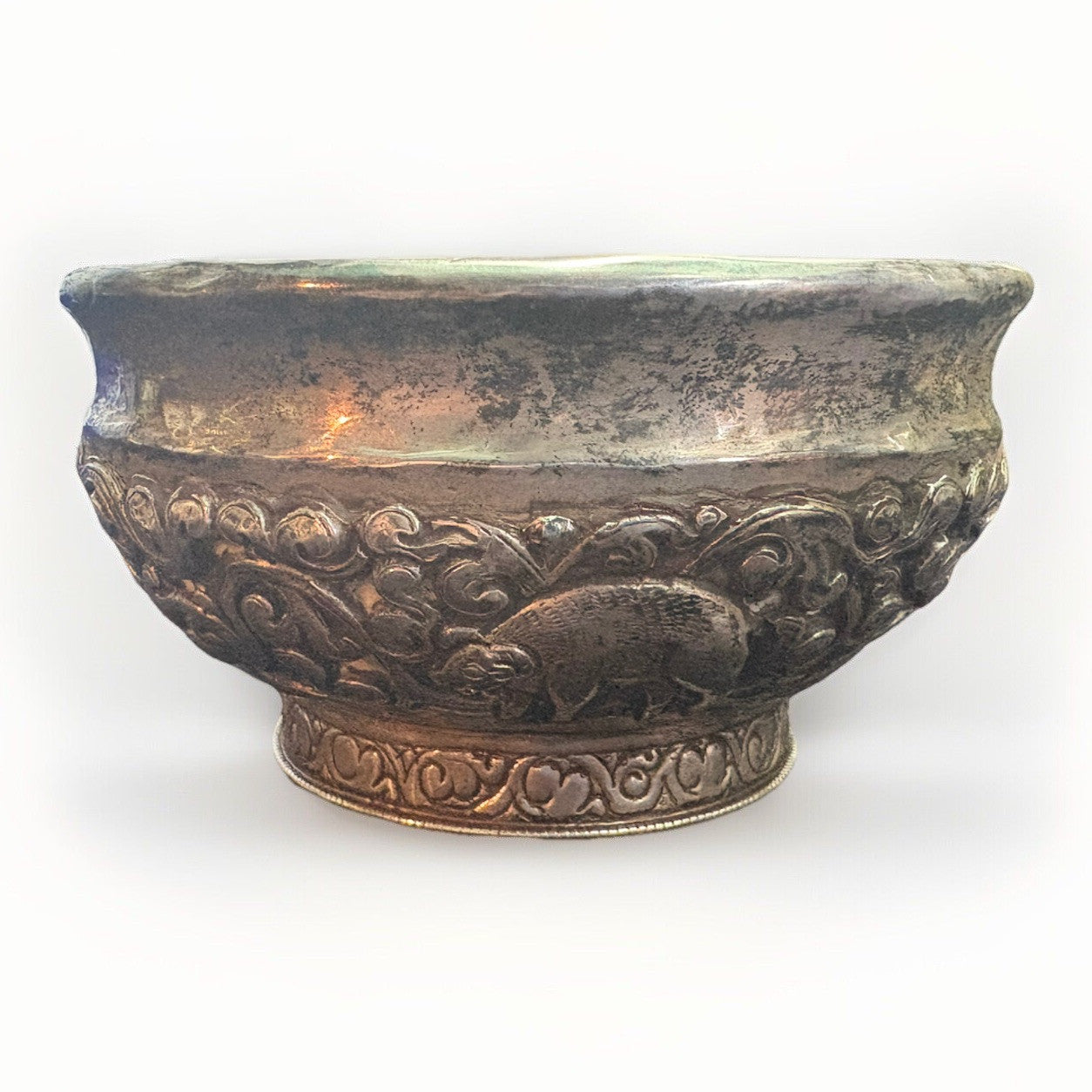 Antique Sterling Silver Repousse Glass Bowl 4.5” D