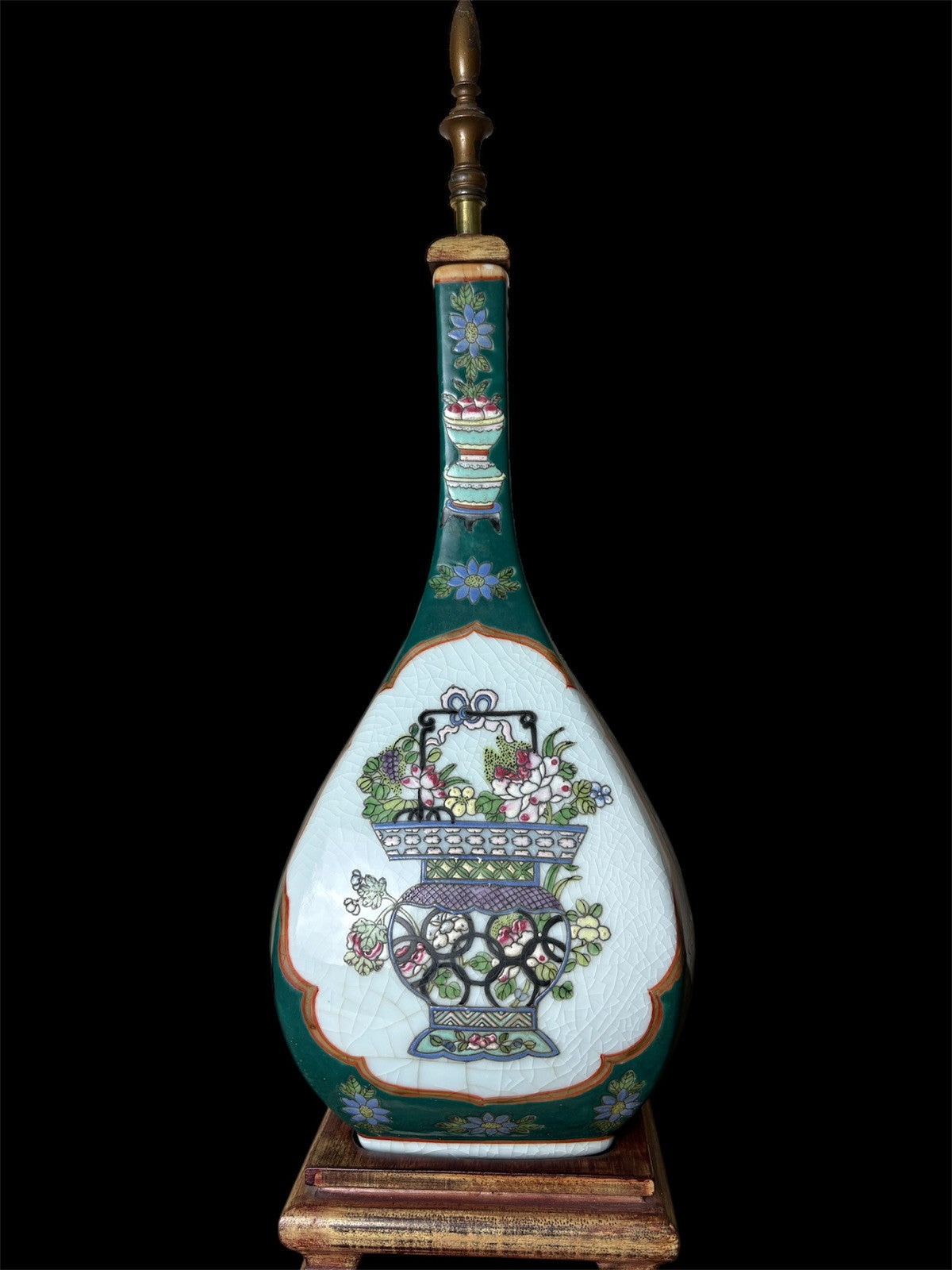 Chinese Famille Verte Crackle Glaze Vase Lamp Qing Style Marked Antique