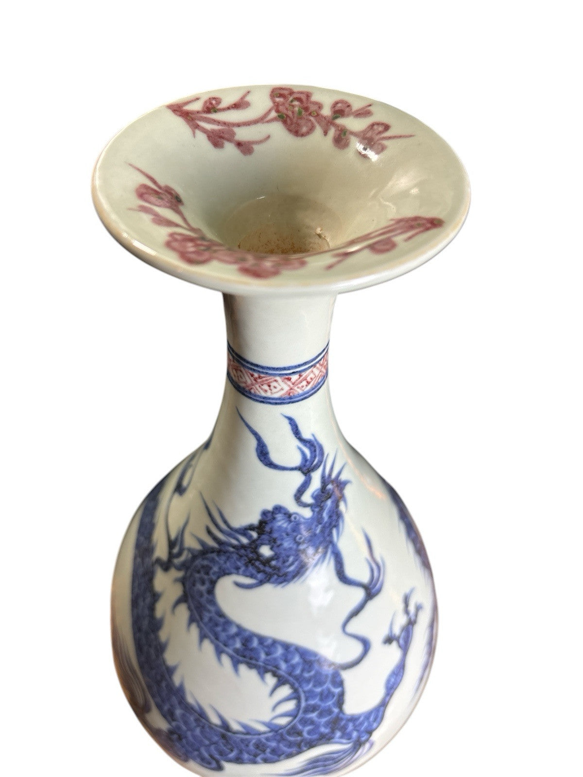 14” Chinese Blue & Red Dragon Vase Doucai Style Qing Republic Period Porcelain