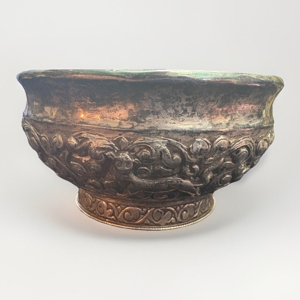 Antique Sterling Silver Repousse Glass Bowl 4.5” D