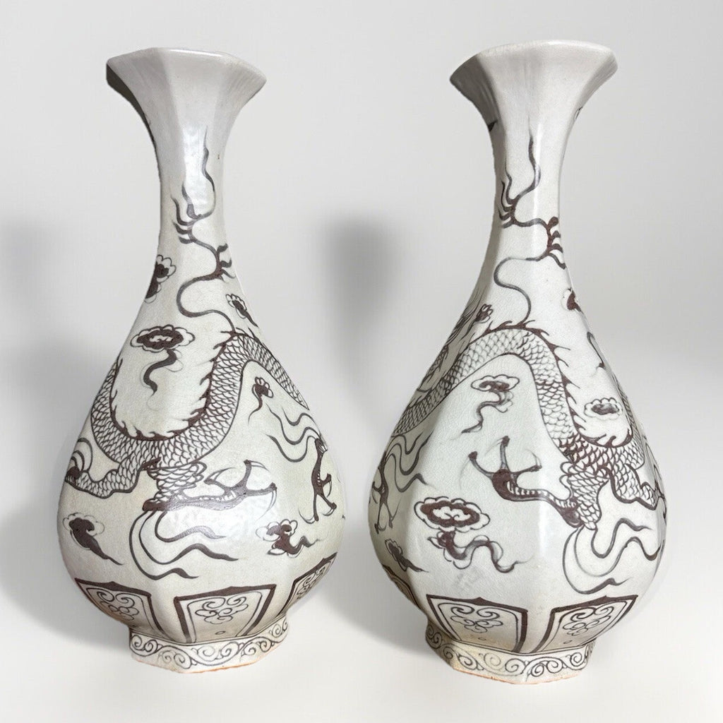 Pair 16” Chinese Brown Dragon Vases Yuan Style Crackle Glaze Republic Period