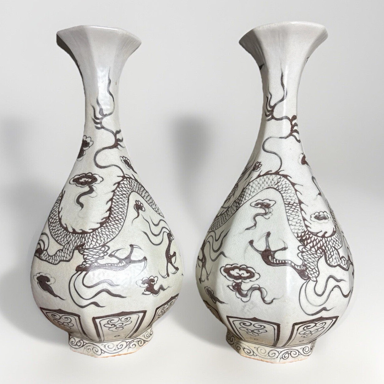 Pair 16” Chinese Brown Dragon Vases Yuan Style Crackle Glaze Republic Period