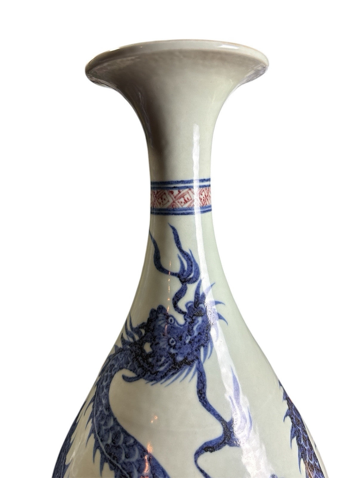 14” Chinese Blue & Red Dragon Vase Doucai Style Qing Republic Period Porcelain
